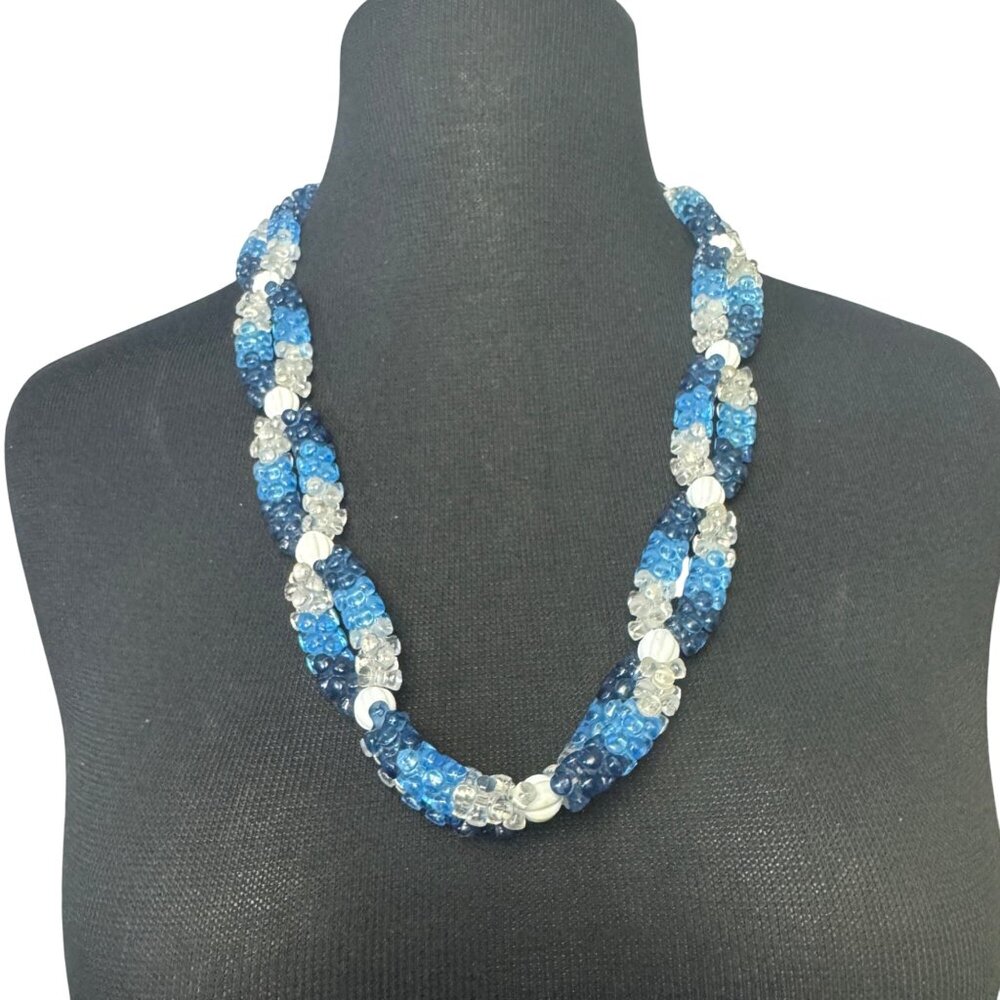 Elegant Beaded Necklace Blue & Clear Acrylic Twist Design Pre-Owned